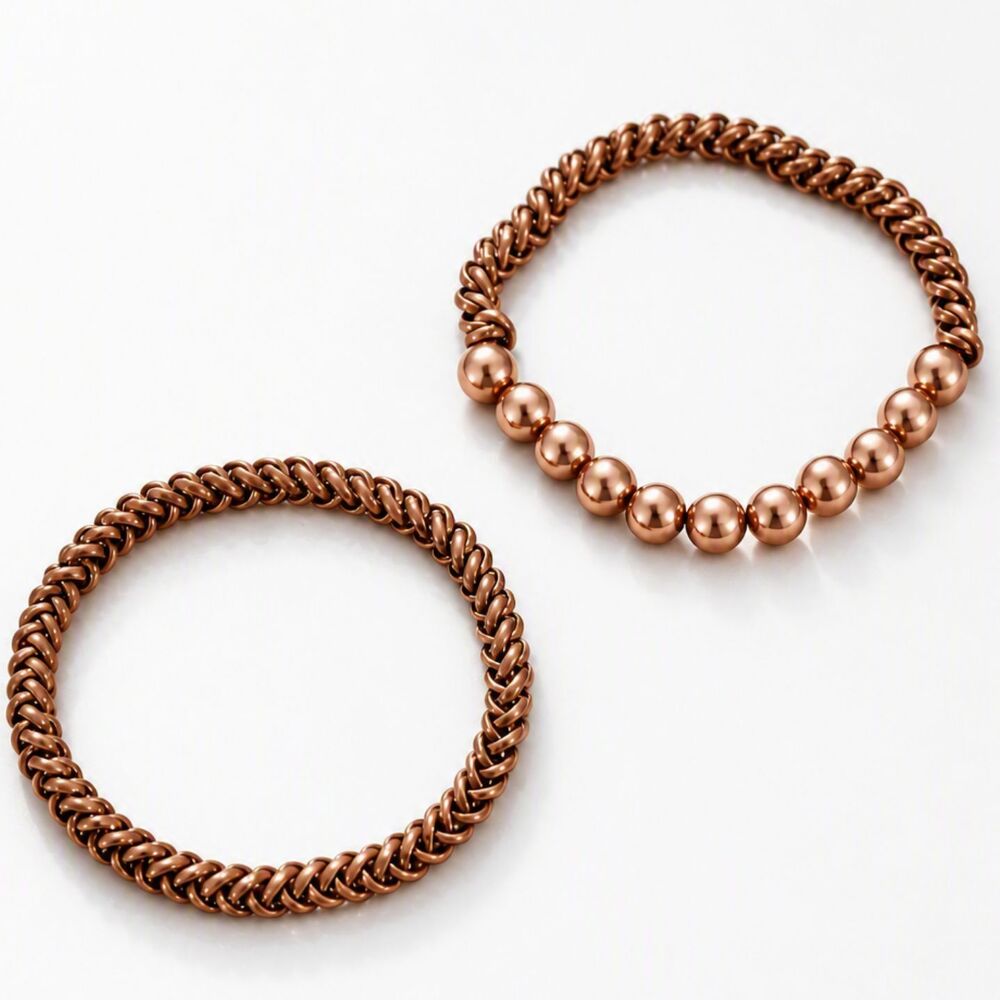 Shiny VTG Style Metallic Copper Tone Chain & Pearl Beaded Stretch Bracelet Set